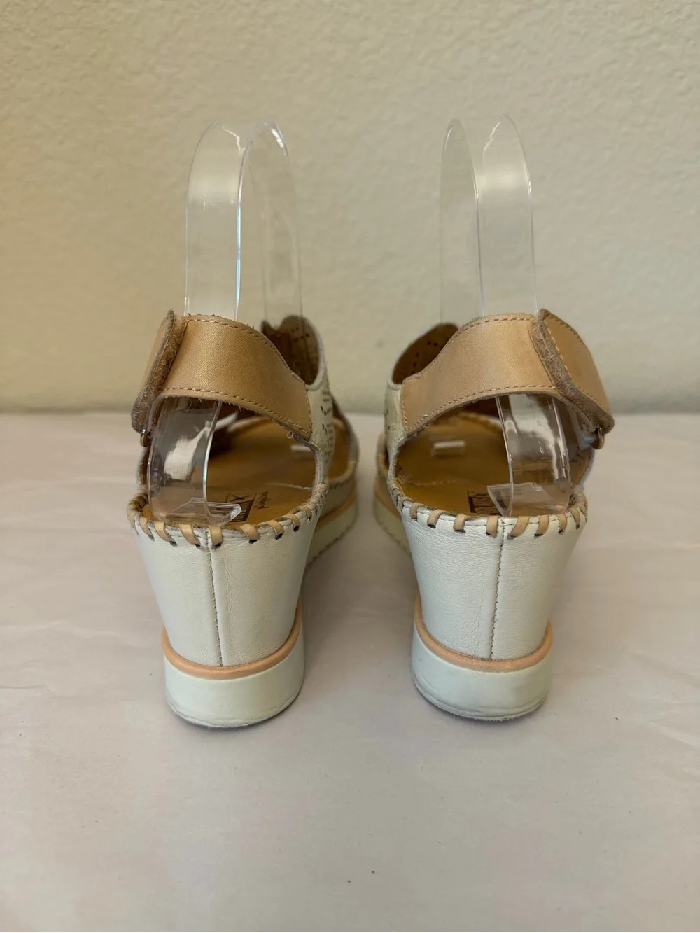 PIKOLINOS White Perforated Wedge Sandals with Tan Accents Sz 38